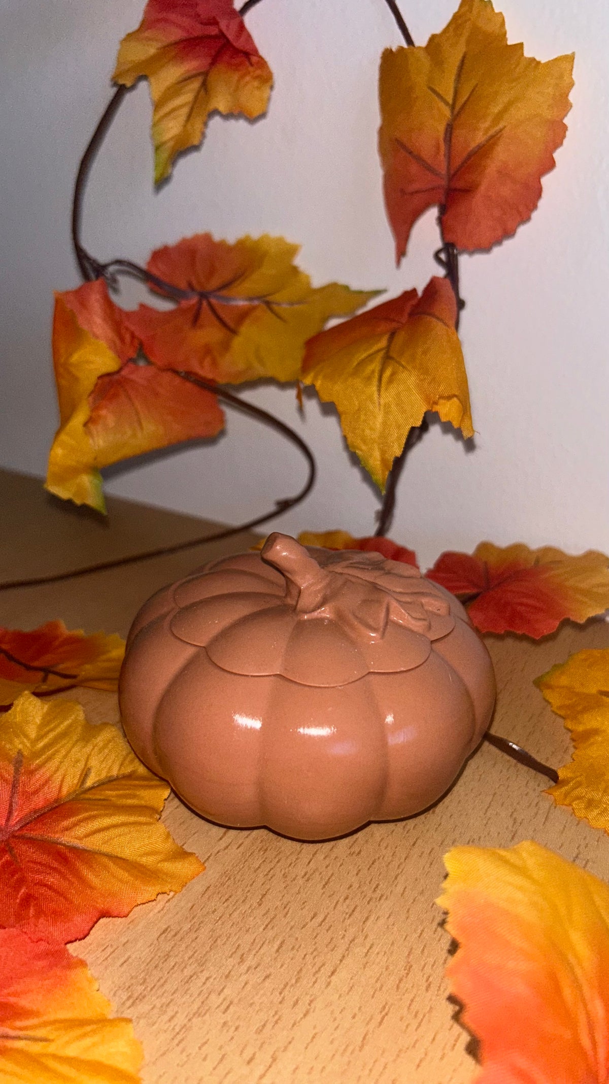 Sylvéa - bougie citrouille en jesmonite terracotta avec couvercle feuille, décor d'automne - Fait main à Nice
