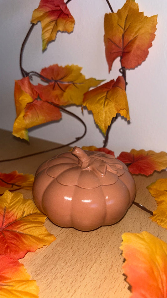 Sylvéa - bougie citrouille en jesmonite terracotta avec couvercle feuille, décor d'automne - Fait main à Nice